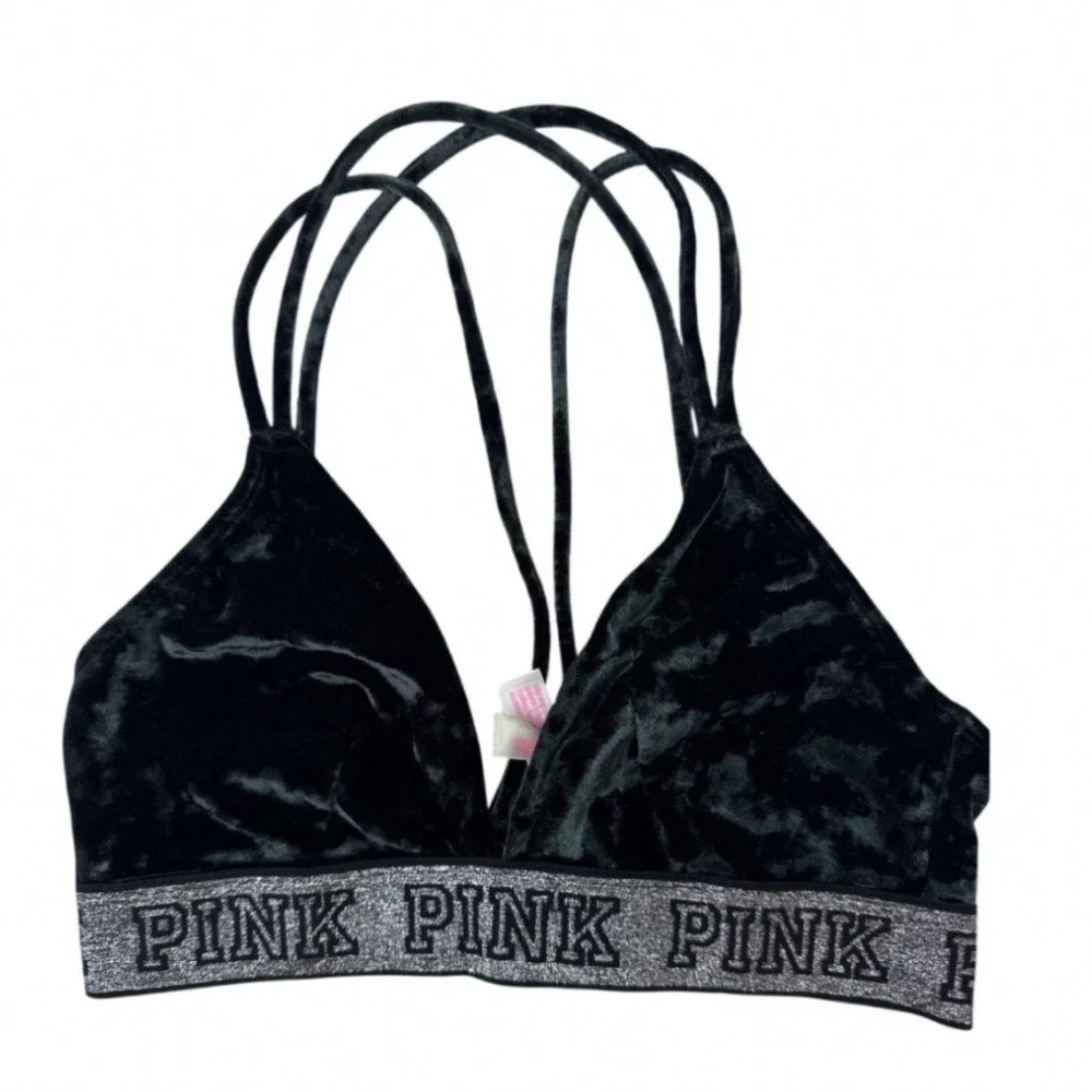 Victoria's‎ Secret PINK Green Velvet Strappy Caged Bralette Silver Logo Band S